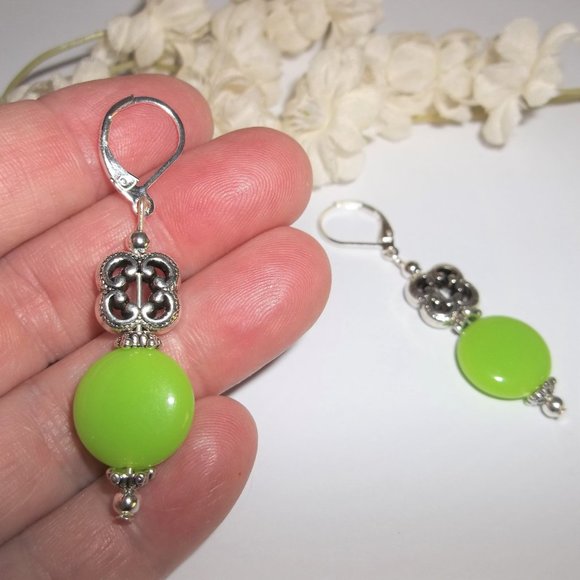Green Earrings, Lime Green Earrings, Green Beaded Earrings, Dangle Earring, 7512 - Picture 6 of 6